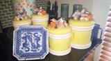 Vintage ceramic jar set with porcelain seashells.