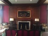 Antique Oil Painting "Still Life", Brass Andirons, Fruit Basket Lamps, and English Side Tables.