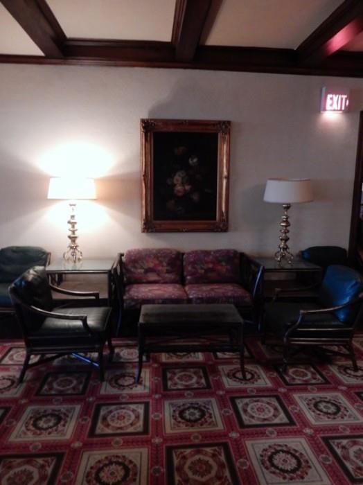 McGuire Rattan Furniture, Chapman Brass Lamps, and a Vintage Oil Painting.