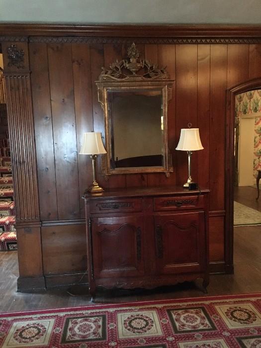 Antique French Oak Cabinet and Gilt-wood mirror.