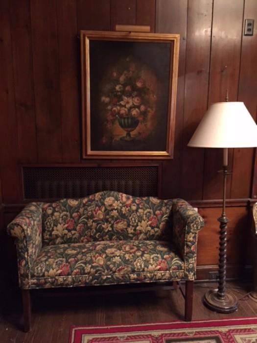 Chippendale Seat upholstered in tapestry fabric (1 of 2), vintage floral still life (2 of 2) and a barley twist floor lamp.