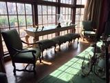 A long marble top console table, 3 George II Style stools, a pair of Jacobean style Chairs.