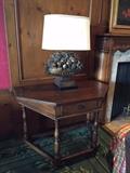 Antique English Oak Table (1 of 2) and Fruit Basket Lamp (1 of 2).