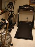 Selection of exercise equipment, including Airdyne bike, Sole elliptical trainer, and ProForm treadmill