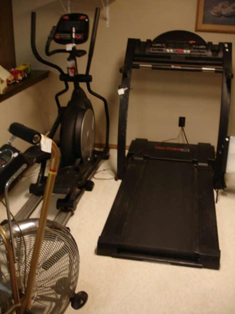Selection of exercise equipment, including Airdyne bike, Sole elliptical trainer, and ProForm treadmill