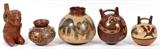 PRE-COLUMBIAN MASK-FORM VESSELS, FIVE H 4 1/2"-7"