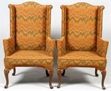 BAKER QUEEN ANNE STYLE WING BACK ARM CHAIRS, PAIR, H 46", W 30", D 24"