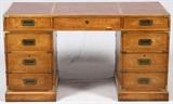 MILLING ROAD BAKER WALNUT CAMPAIGN STYLE DESK, H 30", W 54", D 24"