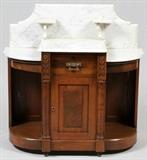CARVED WALNUT AND MARBLE DRY SINK, CIRCA 1870, H 40", L 39", D 21"