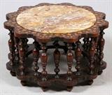 MARQUETRY INLAID MAHOGANY MARBLE TOP TABLE, C. 1920, H 18", DIA 31"