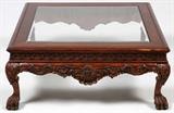 CARVED MAHOGANY AND GLASS COFFEE TABLE, H 17.5", L 40", D 40"