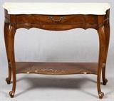 CURVED MARBLE TOP, WALNUT CONSOLE TABLE, H 36", W 29", L 12"