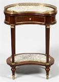 MAITLAND-SMITH KIDNEY SHAPE MAHOGANY AND MARBLE END TABLE, H 30", L 22", D 13"