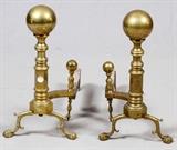 AMERICAN BRASS & IRON ANDIRONS, PAIR, H 22", W 12", D 27"