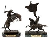 AFTER FREDERIC REMINGTON, RE-STRIKE BRONZE SCULPTURES, C.1950, 2 PCS., H 9 1/2" & 11", "BRONCO BUSTER" & "BUFFALO SIGNAL"