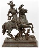 SPELTER SCULPTURE, H 18", L 14", D 6.5", KNIGHT ON HORSE