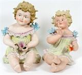 BISQUE PIANO DOLL BABIES, HAND PAINTED, 2 PCS. H 7", 8"