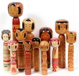 JAPANESE CARVED & PAINTED WOOD DOLLS, TWELVE H 10" - 23"