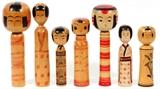 JAPANESE CARVED & PAINTED WOOD DOLLS, SEVEN, H 5 3/4" - 9 3/4"