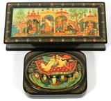 RUSSIAN HAND PAINTED LACQUER BOXES, 2002, 2 PCS., H 1 1/2" & 2", W 6" & 9 1/2", D 4 1/2"