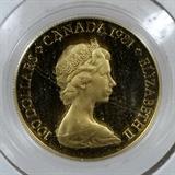 1981 CANADIAN $100. PROOF GOLD COIN, #074707 22 KARAT, DIA 27MM, 1/2 TROY OZ, FINE GOLD