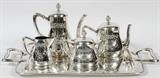 SPANISH ART NOUVEAU SILVER TEA & COFFEE SET WITH TRAY, FIVE PIECES