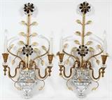 FRENCH CRYSTAL & GILT METAL TWO-LIGHT SCONCES ATTRIBUTED TO MAISON BAGUES, PAIR, H 29", W 16"