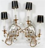 FRENCH CRYSTAL & GILT METAL TWO-LIGHT PARROT SCONCES ATTRIBUTED TO MAISON BAGUES, PAIR, H 22", W 11"