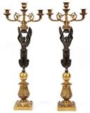 FRENCH EMPIRE STYLE PATINATED METAL THREE-LIGHT FIGURAL CANDELABRA, PAIR, H 24"