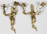 FRENCH STYLE TWO-LIGHT BRASS SCONCES, PAIR, H 18", L 10"