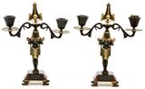 FRENCH EGYPTIAN REVIVAL BRONZE & MARBLE TWO-LIGHT FIGURAL CANDELABRA, LATE 19TH C., PAIR, H 11"