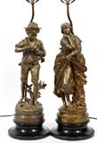 BRONZE FIGURES AFTER GAUDEZ & MOREAU, PAIR, MOUNTED AS LAMPS, H 16" (36" OVERALL)