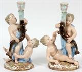 MEISSEN PORCELAIN FIGURAL CANDLESTICKS, LATE 19TH C., TWO, H 10", W 5"