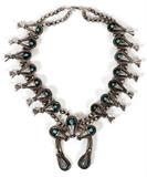 NATIVE AMERICAN STERLING & TURQUOISE SQUASH BLOSSOM NECKLACE, L 25 1/2"