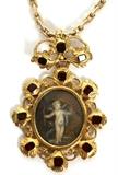 GARNET, 10KT YELLOW GOLD & ENAMEL PENDANT NECKLACE, L 16"