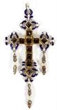 PEARL, GARNET, ENAMEL & SILVER CROSS PENDANT, W 2 1/4", L 4 3/8"
