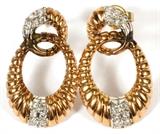 14KT YELLOW & WHITE GOLD DIAMOND EARRINGS, PAIR, L 7/8"