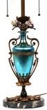 STEUBEN BLUE AURENE GLASS VASE MOUNTED AS A LAMP, C. 1930, H 30"
