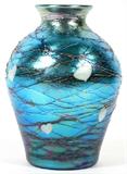 BLUE IRIDESCENT ART GLASS VASE, H 7", DIA 5"