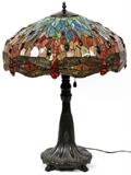 TIFFANY STYLE TWO-LIGHT LEADED GLASS LAMP, H 29", DIA 21"