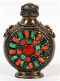 CHINESE SILVER, CORAL & MALACHITE MAGNUM SNUFF BOTTLE, H 3 1/4"