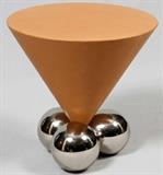 CONTEMPORARY LEATHER OCCASIONAL TABLE, H 20", DIA 21"