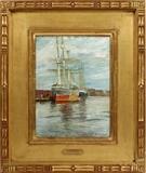 ALDRO THOMPSON HIBBARD (AMERICAN, 1886-1972), OIL ON ARTIST BOARD, 1916, H 12", W 9", "SHIPS AT DOCK"