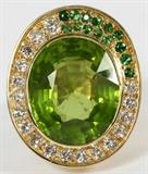 21CT NATURAL GREEN PERIDOT & 1.00CT DIAMONDS RING, H 1 1/4", W 1", SIZE 5
