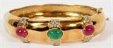 5.00CT RUBY & EMERALDS, .40CT DIAMONDS, & 18KT YELLOW GOLD BANGLE BRACELET, H 5/8", W 2 1/2"