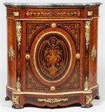 FRENCH 18TH C. STYLE FRUITWOOD MARQUETRY CREDENZA, GREEN VEINED MARBLE TOP, LATER 20TH C., H 41", L 41"