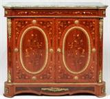 FRENCH 18TH C. STYLE FRUITWOOD MARQUETRY 2 DOOR COMMODE WITH BRONZE ORMOLU, BEVELLED MARBLE TOP, LATE 20TH C., H 47", L 41", D 18"
