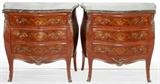 LOUIS XV STYLE MARBLE TOP, TULIPWOOD COMMODES, AFTER 1950, PAIR, H 32", L 31", D 16"