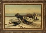 KONSTANTIN YAKOVLEVICH KRYZHITSKY (UKRAINIAN, 1858-1911), OIL ON CANVAS, 1886, H 17", W 27", "ICE CUTTING"