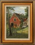 CHARLES PAUL GRUPPE [AMERICAN 1860-1940] OIL ON BOARD H 13 3/4" W 10" "THE RED BARN"